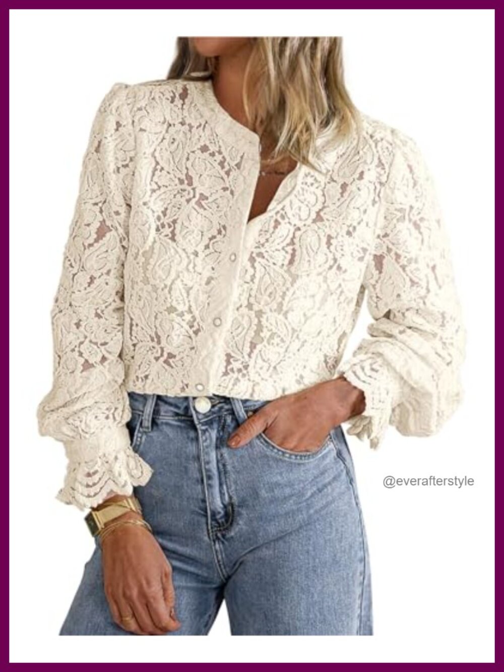 Women's Long Sleeve Lace Button-Up Blouse Crewneck Tunic Work Top